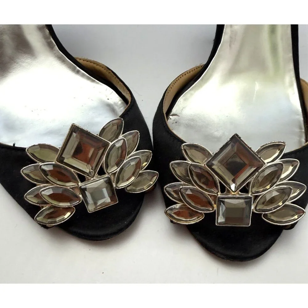 BADGLEY MISCHKA BLACK SATIN D’ORSAY OPEN TOE RHINESTONE EMBELLISHED HEELS SZ 7M